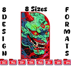 Peut inclure: Un écusson brodé représentant un démon japonais avec des cornes rouges, une peau verte et des yeux rouges. Le texte "8 Tailles" et "8 Formats de conception" sont affichés. Inclut divers formats de fichiers.
