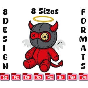 May include: A red and black devil-angel plushie with a halo, horns, and wings. The plushie has a button eye and is wearing a mask. The image includes the text "8 Design" and "8 Sizes" with file format icons.