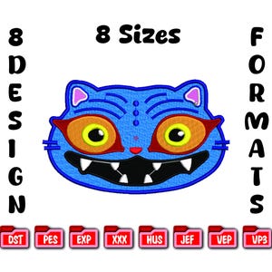 May include: A blue cat face design with large orange eyes, white teeth, and a black mouth. The image includes the text "8 Sizes" and "8 Design Formats". Below are file format icons: DST, PES, EXP, XXX, HUS, JEF, VEP, and VP3.