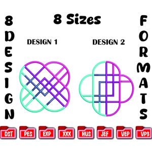May include: An image showcasing two embroidery designs in Design 1 and Design 2. Design 1 features a teal, purple, and blue interwoven pattern. Design 2 has a teal and purple design. The image also displays the text "8 Sizes" and "8 Design Formats".