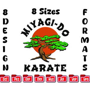 May include: White graphic with a tree in front of an orange circle, and the words "Miyagi-Do Karate" in black. The design includes the text "8 Sizes" and "8 Design Formats" in black. Below are file format icons.