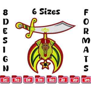 May include: An embroidered design featuring a sword and a circular emblem with an Egyptian pharaoh's face. The design is in red, yellow, and green, with the text "6 Sizes" and "8 Designs" displayed. The image also shows various file format icons.