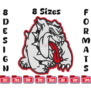 Puede incluir: Diseño de bulldog bordado en blanco, negro y rojo, con el texto "8 Tamaños" y "8 Formatos de diseño". Incluye varios formatos de archivo para proyectos de bordado digital.