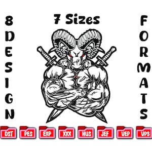 May include: A black and white illustration of a muscular ram with crossed swords. The image includes the text "7 Sizes" and "8 Design" and icons for various file formats.