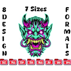 Peut inclure: Motif brodé d'un visage de démon aux cornes, aux dents acérées et aux yeux brillants, dans des tons de turquoise, de rose et de jaune. Le texte indique 8 motifs, 7 tailles et 8 formats.