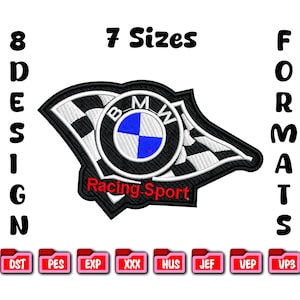 May include: Embroidered patch featuring the BMW logo with a checkered flag design. The patch includes the text "Racing Sport" in red. The image also displays "7 Sizes", "8 Design", and "Formats".