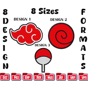 Puede incluir: Imagen con tres diseños: una nube roja, una espiral roja y un emblema rojo y blanco. El texto dice "8 Tamaños" y "8 Diseños". Debajo hay iconos de formato de archivo: DST, PES, EXP, XXX, HUS, JEF, VEP y VP3.