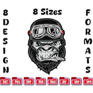 May include: Embroidered design of a gorilla wearing a vintage aviator helmet and goggles, with a cigar. The design is in black and white, with the text "8 Sizes" and "8 Design Formats".