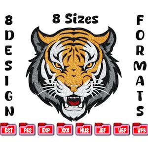 Könnte beinhalten: Gesticktes Tigerkopf-Design mit orangefarbenen, goldenen, schwarzen und weißen Details. Das Bild enthält den Text "8 Größen" und "8 Designs" sowie Symbole für verschiedene Dateiformate.