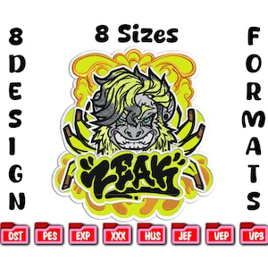 Puede incluir: Un diseño de parche colorido con un gorila estilizado con pelo amarillo y detalles de plátanos. La palabra "WEAK" está escrita en estilo graffiti. La imagen incluye el texto "8 Sizes", "8 Design" y "Formats".