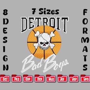 May include: An embroidered design featuring a basketball with a skull and crossbones, the word "DETROIT", and "Bad Boys". The design is on a gray background with the text "7 Sizes", "8 Designs", and "Formats".