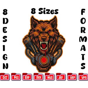 May include: A detailed illustration of a snarling wolf with red eyes and exposed fangs, integrated with a motorcycle engine design. The image includes the text "8 Sizes" and "8 Design Formats" with various file format icons.