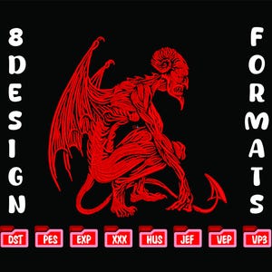 Könnte beinhalten: Rote Illustration eines Dämons mit Flügeln, Hörnern und einem Schwanz auf schwarzem Hintergrund. Das Bild enthält den Text "8 DESIGN" links und "FORMATS" rechts in Weiß. Darunter befinden sich Dateiformatsymbole.