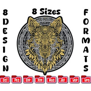 May include: A detailed, gold and black wolf design with the text "8 Sizes" and "8 Design Formats". The wolf is centered in a circular frame with intricate patterns. Below are file format labels.