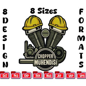 Peut inclure: Motif brodé d'un moteur de moto avec deux casques jaunes. Le motif comprend le texte "Chopper Mühendisi" et est disponible en 8 tailles et 8 formats, dont DST, PES et EXP.