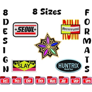 Peut inclure: Image présentant huit motifs brodés de formes variées, dont une étoile et un ovale. Les motifs comportent des textes tels que "SEOUL", "SLAY" et "HUNTRIX World Tour". L'image affiche également des options de format de fichier.
