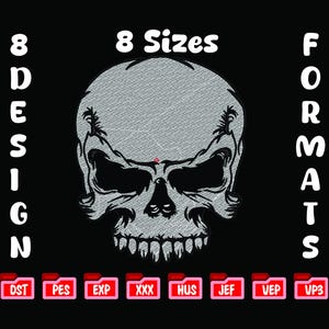 May include: A gray skull design with black outlines and details is centered on a black background. The text "8 Sizes" is above the skull, and "8 DESIGN" and "FORMATS" are on the left and right sides. Below are file format icons.