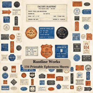 May include: A collection of vintage-style industrial ephemera featuring various rectangular, circular, and shield-shaped tags, labels, and signs in blue, orange, and black. The set includes a central factory blueprint and numerous inventory cards.