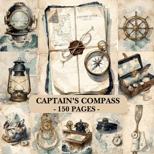 Op de afbeelding: Een verzameling nautische illustraties met een duikhelm, een scheepsroer, een lantaarn, een kompas, een koffer, een kapiteinspet en kaarten. De centrale tekst luidt CAPTAIN'S COMPASS - 150 PAGES op een beige rechthoekige achtergrond.