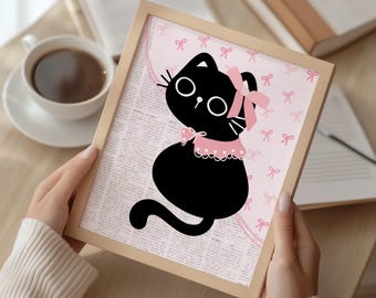 Coquette Black Cat Art, Kawaii Pink Bow Pastel Goth Decor (Digital Download)