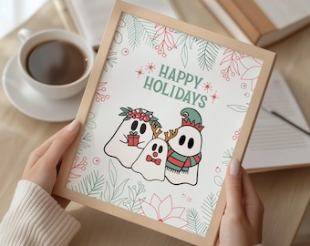 Cute Ghost Christmas Wall Art Print | Funny Holiday Decor | Happy Holidays Ghost Poster | Christmas Printable Artwork