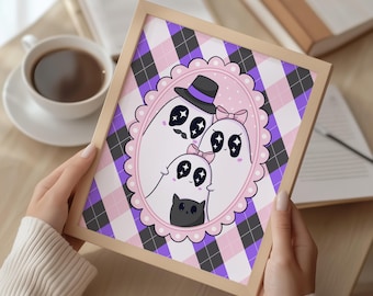 Pastel Halloween Ghost Family Art Print, Kawaii Ghosts Black Cat (Digital Download)