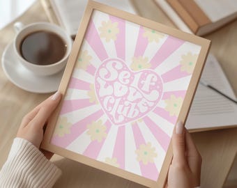 Retro Heart Wall Art, Pink Pastel Floral Positivity Print (Digital Download)
