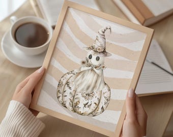 Boho Floral Ghost Pumpkin Art, Whimsical Halloween Decor (Digital Download)