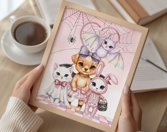 Pastel Halloween Animal Art Print, Whimsical Bat Puppy Cat Bunny Nursery Decor (Digital Download)