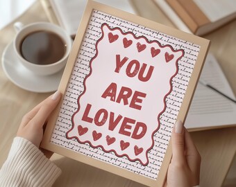 You Are Loved Wall Art, Romantic Hearts, Shabby Chic Pink Print (Digital Download)