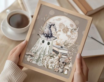 Whimsical Ghost Witch Print, Cottagecore Halloween Nursery Decor (Digital Download)