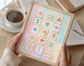 Pastel Watercolor Mahjong Tiles Wall Art, Asian Game Decor (Digital Download)
