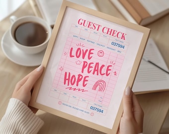 Retro Guest Check Art Print, Pink Typography Poster (Digital Download)