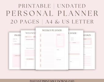 Undatierter Personal Planer | 20 Seiten, A4 und US Letter, Minimal Planer Bundle PDF