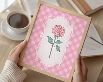 Pink Rose Gingham Digital Art, Vintage Floral Printable (Digital Download)