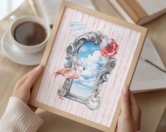 Whimsical Flamingo Surreal Collage Art Print, Vintage Mirror Fantasy Decor (Digital Download)