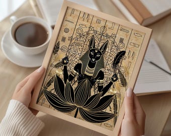 Anubis Wall Art Printable, Egyptian Mythology Digital Download, Sacred Geometry Lotus Art