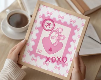 Pink Heart Lock Postage Stamp Wall Art, Cute Romantic Bow Print, Kawaii Love Mail Digital Download
