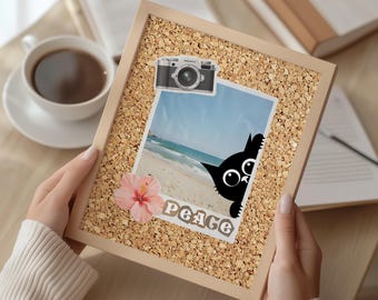 Peaceful Beach Wall Art, Black Cat Coastal Collage, Ocean Photo Decor (Digital Download)