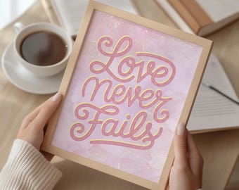 Love Never Fails Wall Art, Pink Scripture Print, Inspirational Quote Decor (Digital Download)