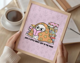 Ghost Reading Print, Cozy Spooky Halloween Decor, Pastel Bookish Illustration (Digital Download)