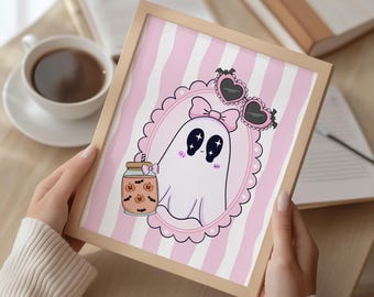 Kawaii Ghost Wall Art, Pastel Halloween Decor, Pink Ghost with Bow (Digital Download)