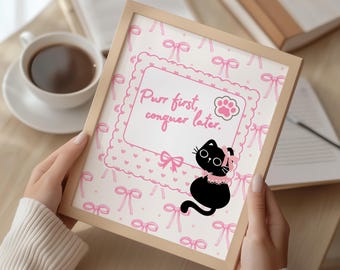 Schwarze Katze Wandkunst | Rosa Schleife kokett Kawaii Druck (Digital Download)