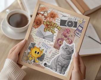 Learn and Grow Collage Art Print, Retro Cat Wall Art, Eclectic Decor (Digital Download)