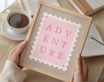 Adventure Pink Digital Wall Art, Postage Stamp Printable, Travel Quote Wall Decor, Cute Feminine Typography Art, Instant Download