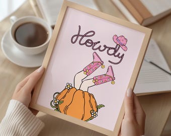 Howdy Pumpkin Wall Art, Pink Cowgirl Boots Fall Decor (Digital Download)