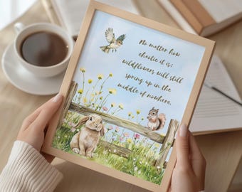 Wildflower Quote Wall Art, Bunny Squirrel Bird Print, Cottagecore Nature Decor, Inspirational Printable
