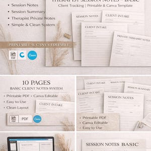 Mall för anteckningar för terapisessioner. Minimal dokumentation för professionell praktik. Redigerbar i Canva. A4