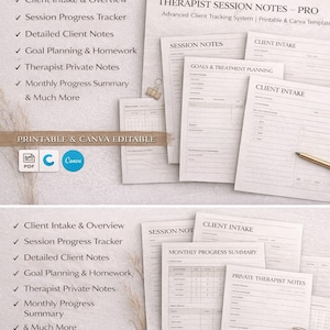 Professional Therapist Session Notes. Client Process Tracking. Printable & Canva