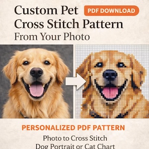 Può includere: L'immagine mostra la foto di un cane golden retriever accanto a un motivo a punto croce dello stesso cane. Il testo recita "Custom Pet Cross Stitch Pattern From Your Photo" e "Personalized PDF Pattern Photo to Cross Stitch Dog Portrait or Cat Chart."